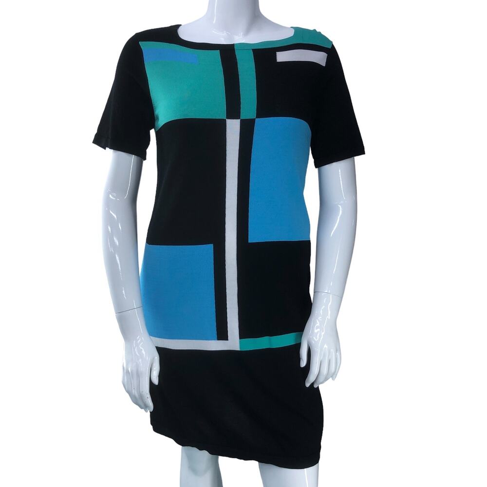 Etcetera Womens Size L Dress Colorblock Knee Length Stretch Knit Black Blue